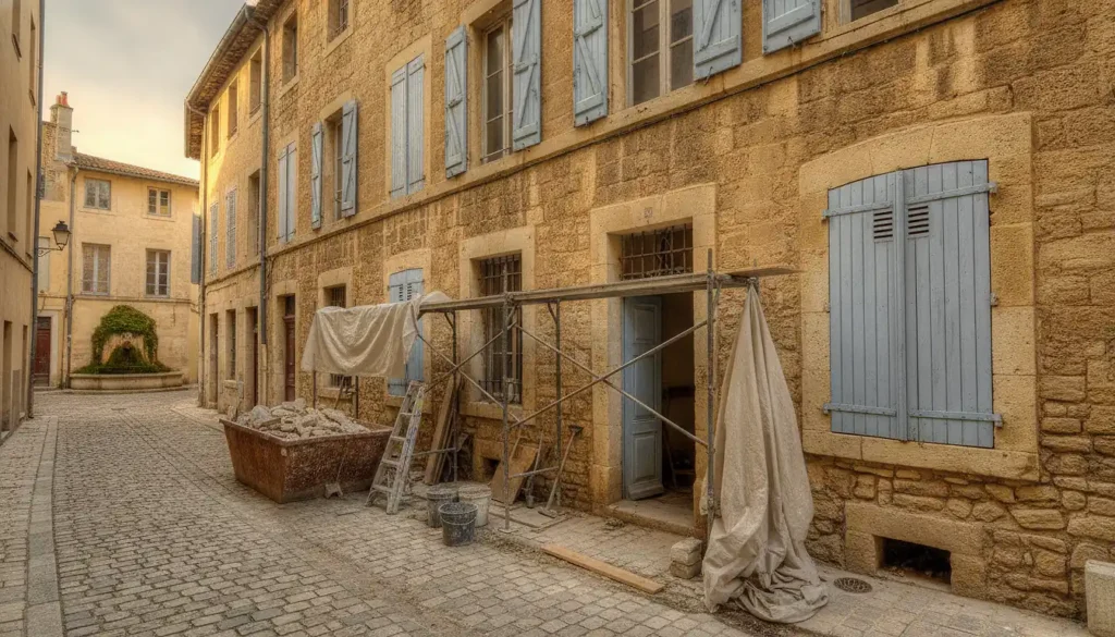Façade en pierres provençales ocre d'un appartement ancien à rénover à Aix-en-Provence, volets bleus et ruelle avec fontaine de pierre