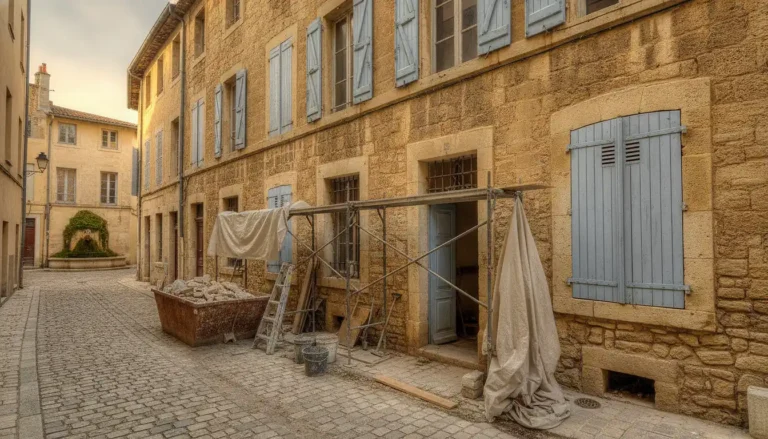Façade en pierres provençales ocre d'un appartement ancien à rénover à Aix-en-Provence, volets bleus et ruelle avec fontaine de pierre