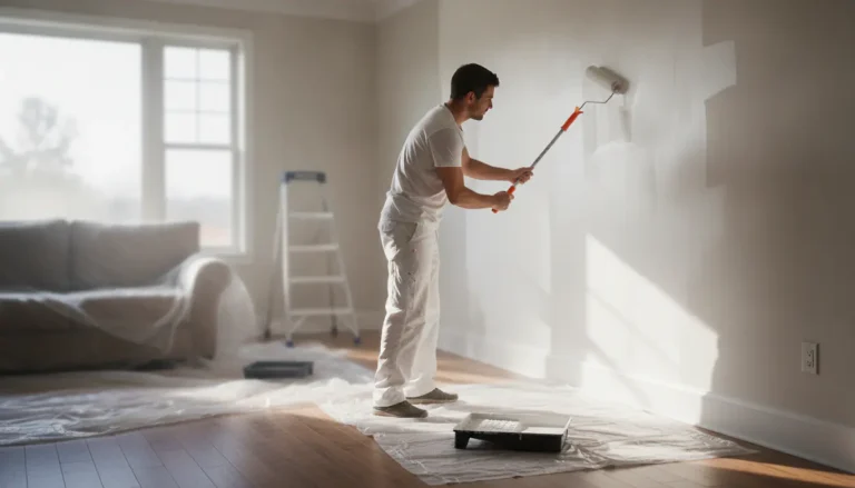 Peinture d'un mur intérieur blanc au rouleau dans un salon lumineux, application professionnelle