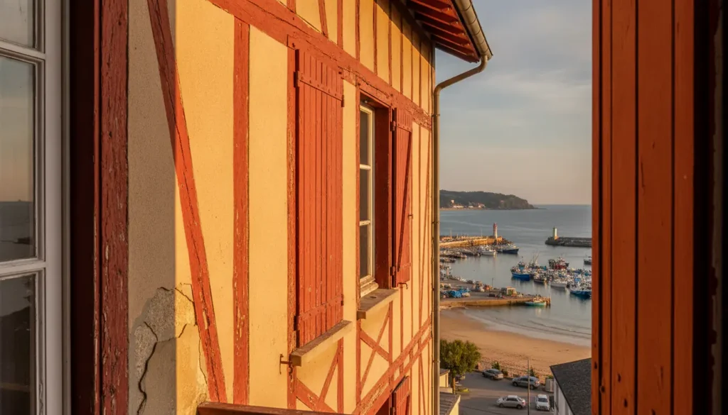 Vue de Saint-Jean-de-Luz avec immeuble ancien à façade basque, volets rouges et colombages, port de pêche en arrière-plan