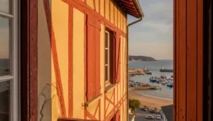 Vue de Saint-Jean-de-Luz avec immeuble ancien à façade basque, volets rouges et colombages, port de pêche en arrière-plan