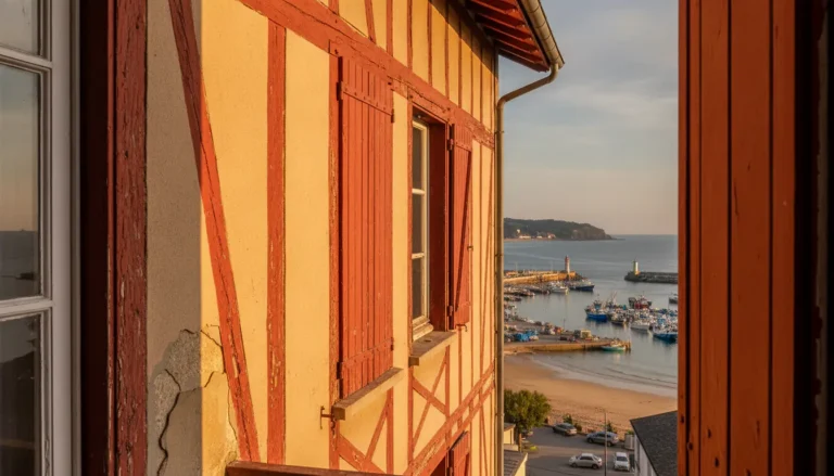 Vue de Saint-Jean-de-Luz avec immeuble ancien à façade basque, volets rouges et colombages, port de pêche en arrière-plan