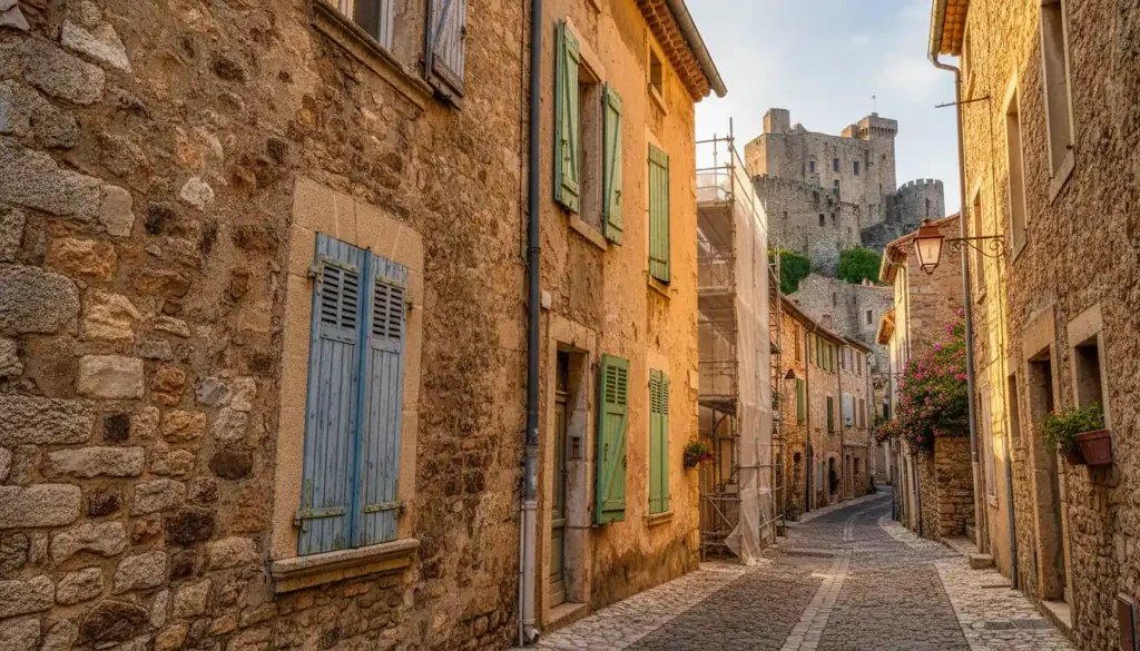 Ruelle pavée du vieux village de Cagnes-sur-Mer avec façades en pierre, volets bleus et verts, échafaudage de rénovation et château médiéval en arrière-plan