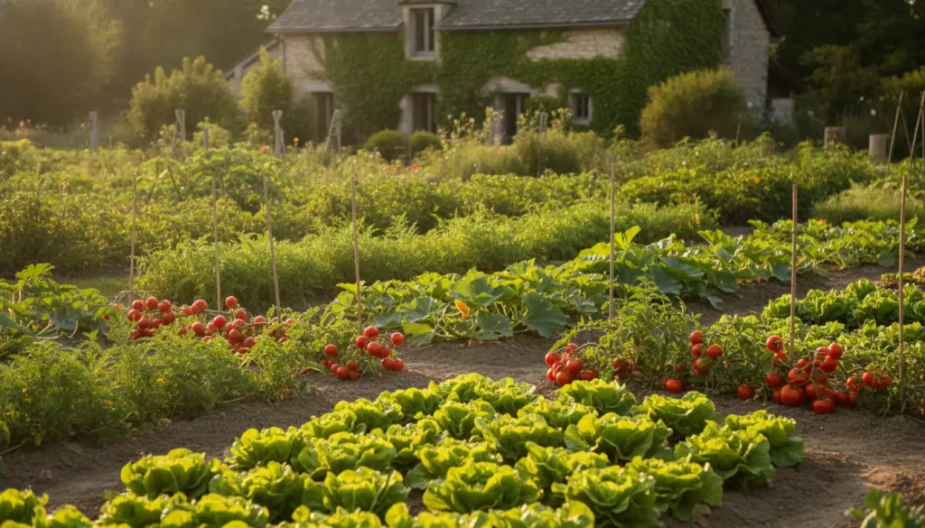 Jardin potager familial en été avec rangs de légumes variés