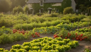 Jardin potager familial en été avec rangs de légumes variés
