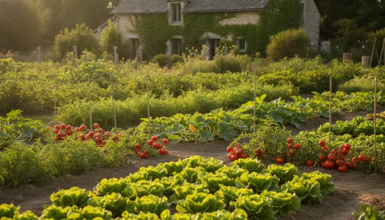 Jardin potager familial en été avec rangs de légumes variés