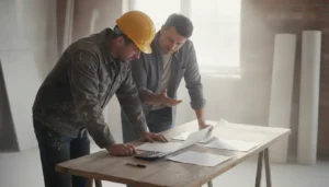 Artisan et particulier comparant trois devis de travaux sur une table en bois