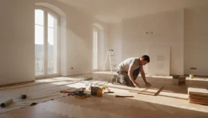 Salon d'appartement en cours de rénovation, parquet clair et murs repeints